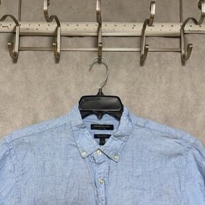 Banana Republic Shirt Men‎ L Blue Hopsack Linen Button Up Slim Academia Casual